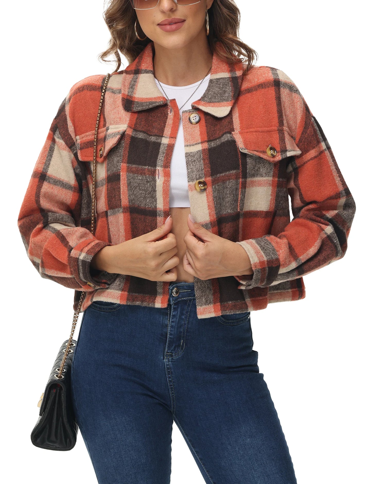 Oversized Plaid Shacket - Cozy Long Sleeve Button Down Jacket with Pockets Cropped