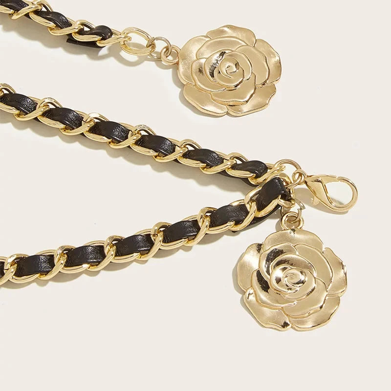 High Quality Metal Waist Chain Belts For Women Round Flower Pendant Chain Strap Rope Female Fine Waistband