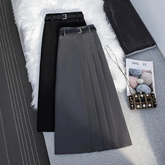 Suit Pleated Long Skirt With Belt  A Line Skirt Streetwear