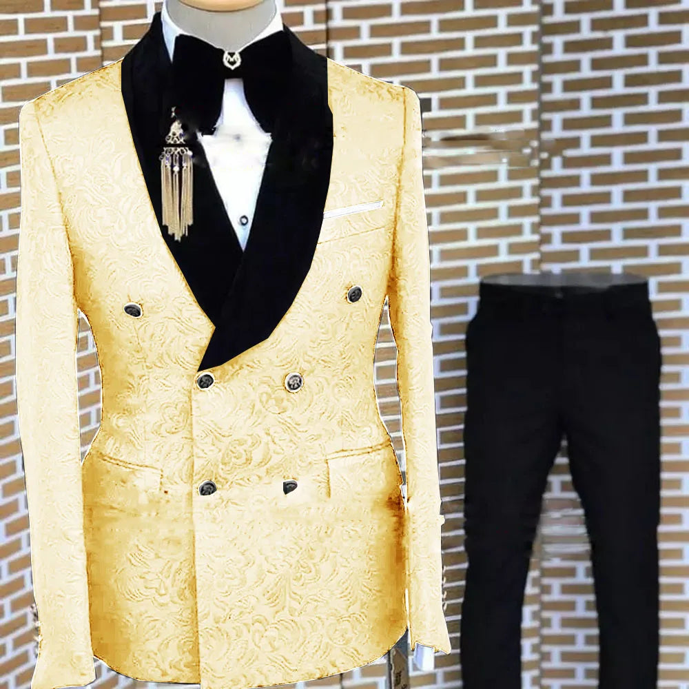 Gray Formal Suit for Men Floral Jacket Pants 2 Piece Set Tuxedo Elegant Men's Suit Handsome Blazer