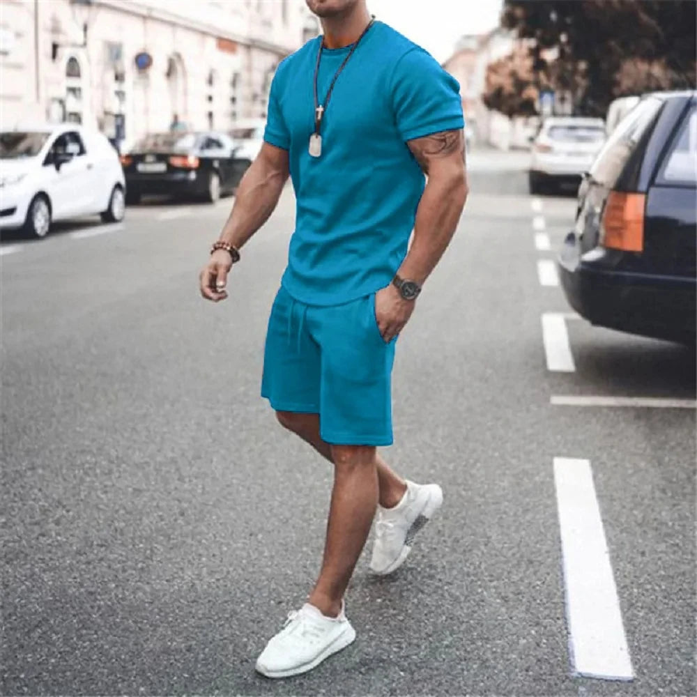 Solid Color Europe and The United States Men's  Summer  Short Sleeve T-shirt  +Shorts 2pcs Set Leisure Sports Men Suit