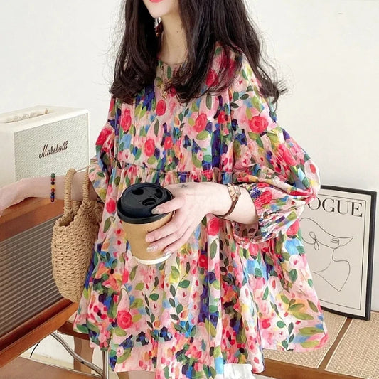 Spring Autumn  Round Neck Long Sleeve Printing Chiffon Blouses