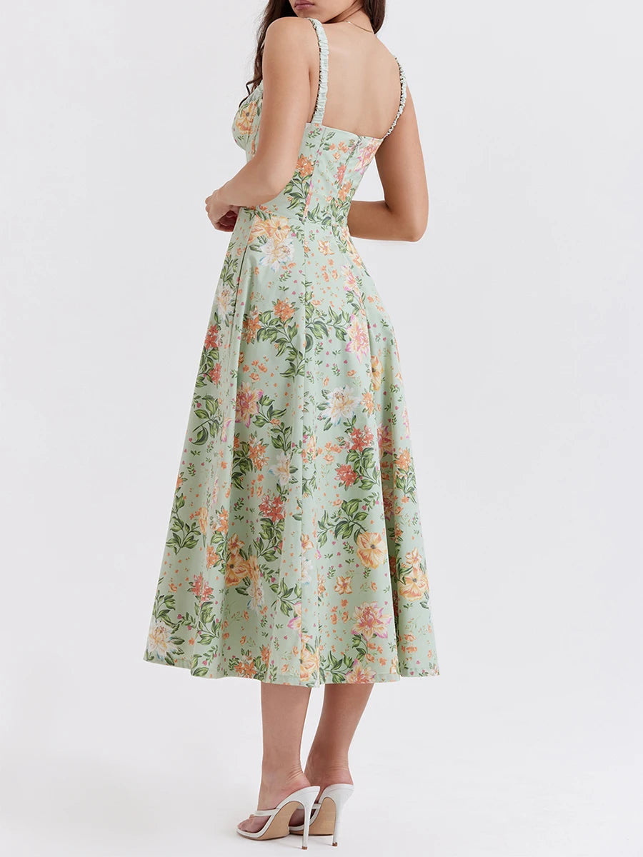 Summer Casual Midi Dress Floral Print Low-Cut Sleeveless