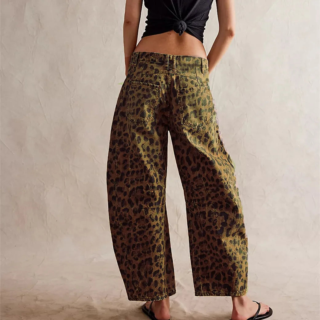Women Leopard Barrel Jeans  Cheetah Printed Baggy Boyfriend Jeans Mid Rise Wide Leg Denim Pants Horseshoe Jeans