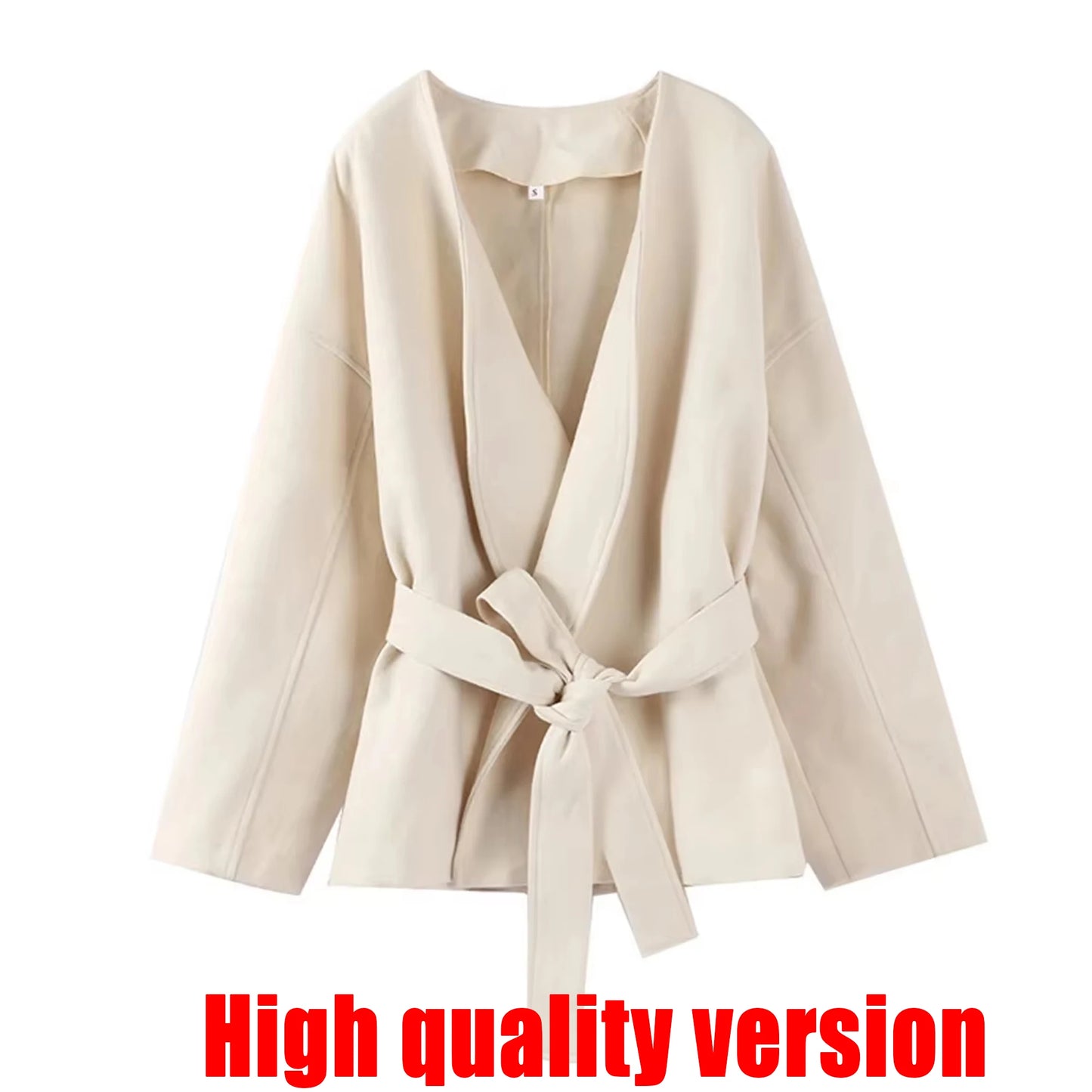Fashion Solid  Fleece Coat Belt Elegant V-neck Long Sleeve Jacket