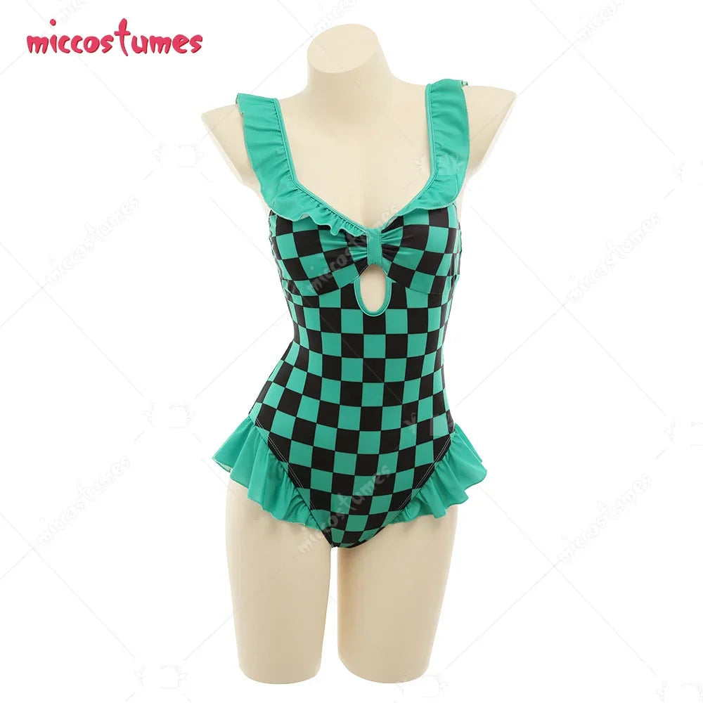 Ruffled Grid One-Piece Swimming Suit Bathing Suit Beach Swimsuit