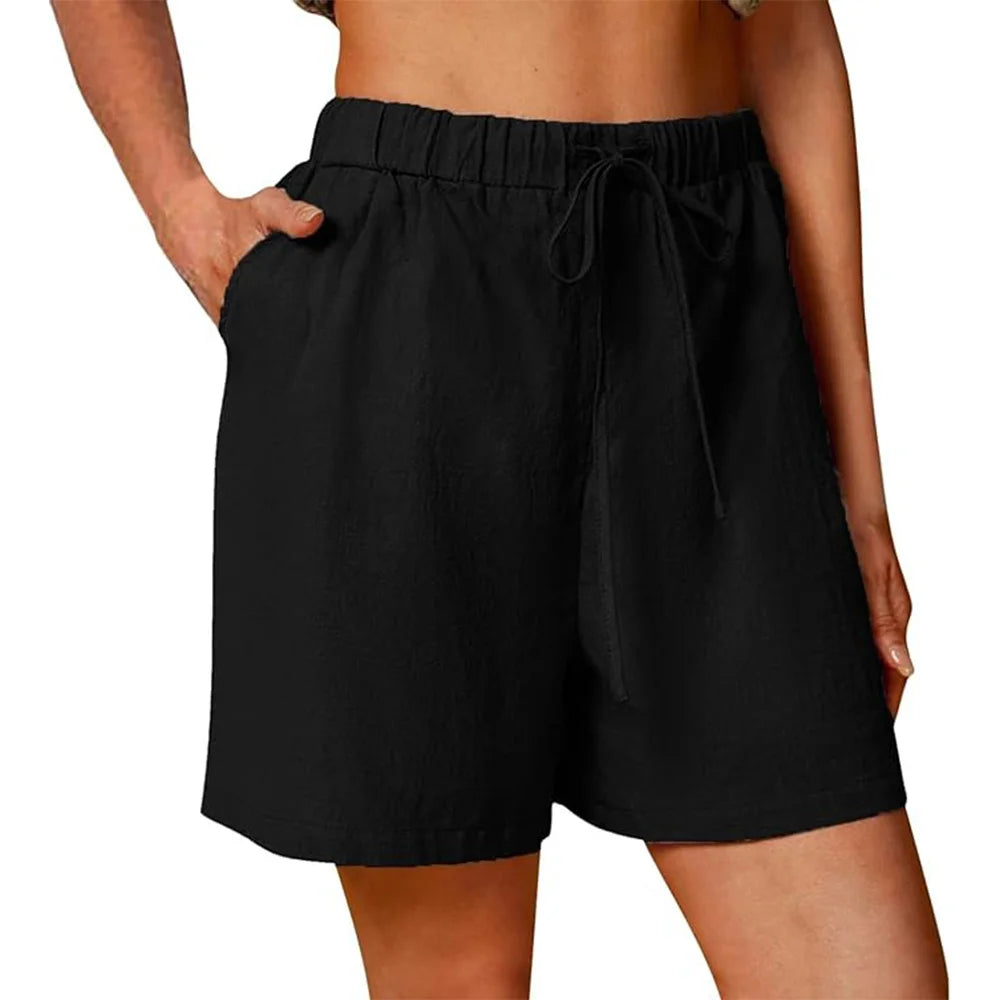 Women's Summer Casual Shorts Drawstring Solid Color Cotton Linen Short Pants Female Loose Straight