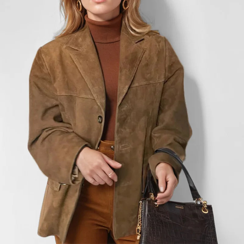 Brown Lapel Pocket Suede Leather Jacket Single Button Long Sleeve