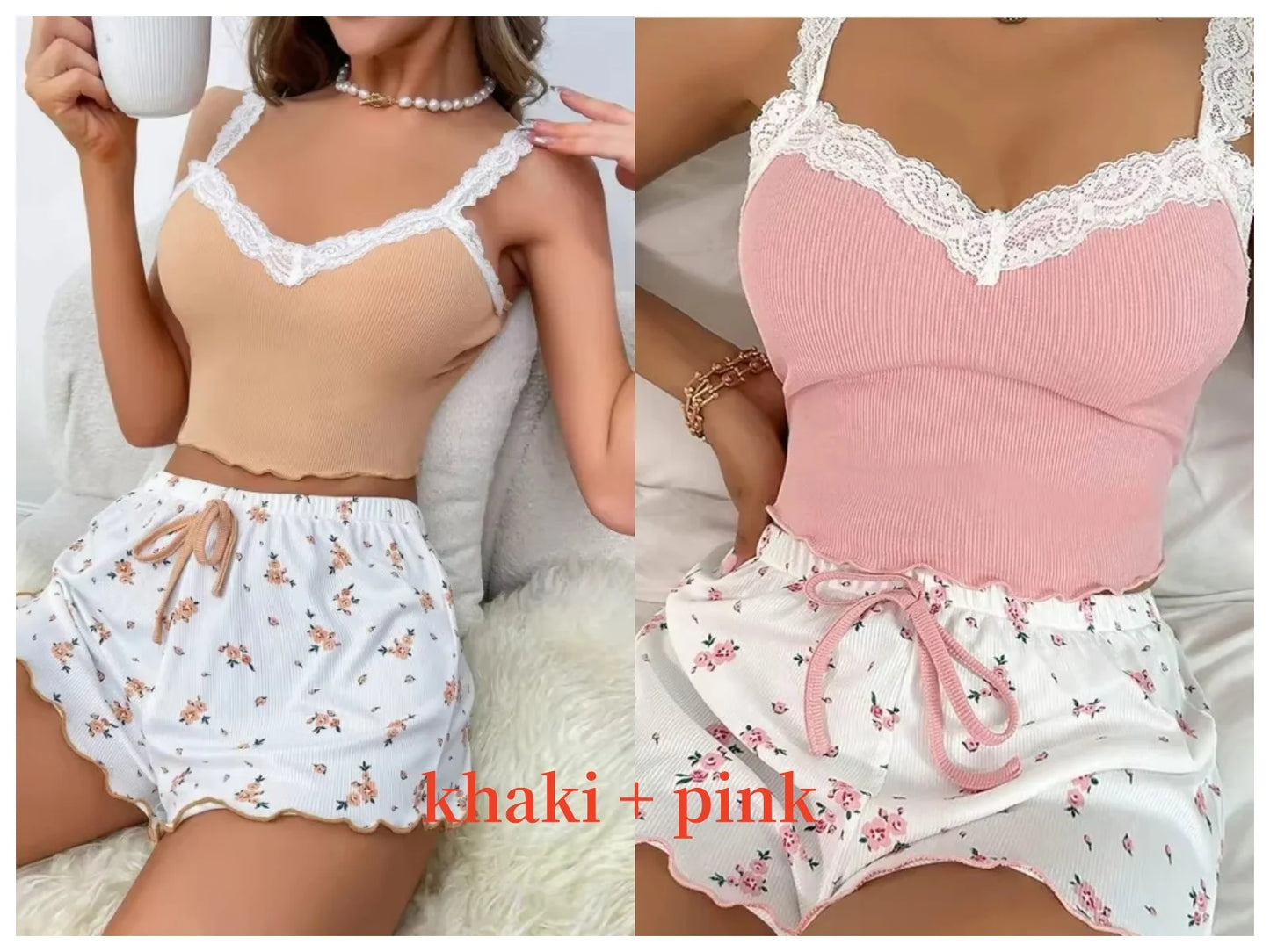 Women 2pc Pajama Set Pink Lace Patchwork V-Neck Sleepwear Sexy Nighties Suit Cami Top Printed Shorts