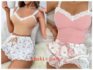 Women 2pc Pajama Set Pink Lace Patchwork V-Neck Sleepwear Sexy Nighties Suit Cami Top Printed Shorts