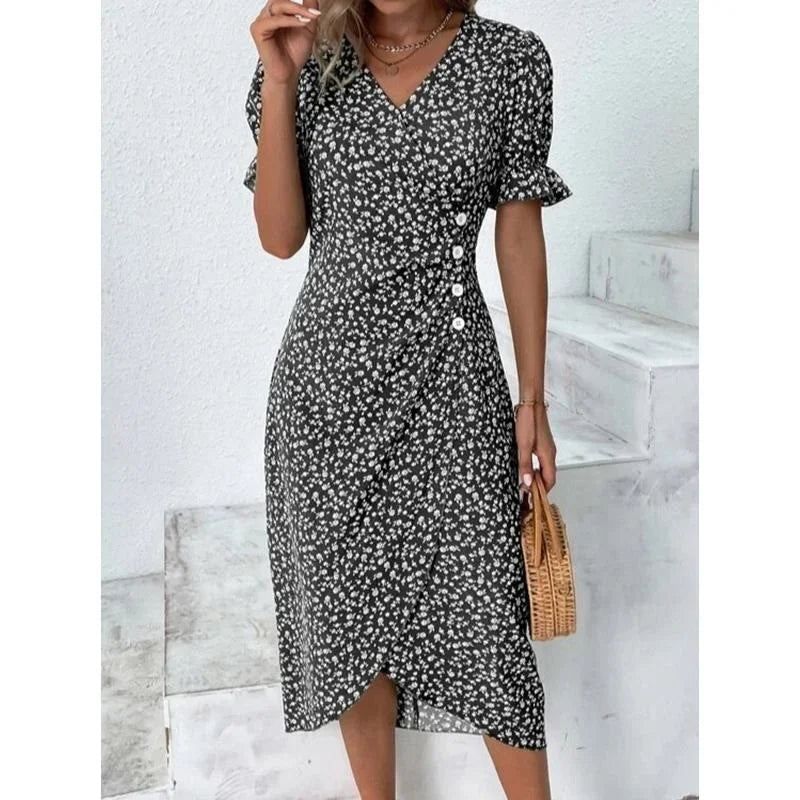 Elegant Floral Pleated H shaped Midi Dress Female V Neck Puff Sleeve Waist Ruched Button Dresses Women Summer Dress