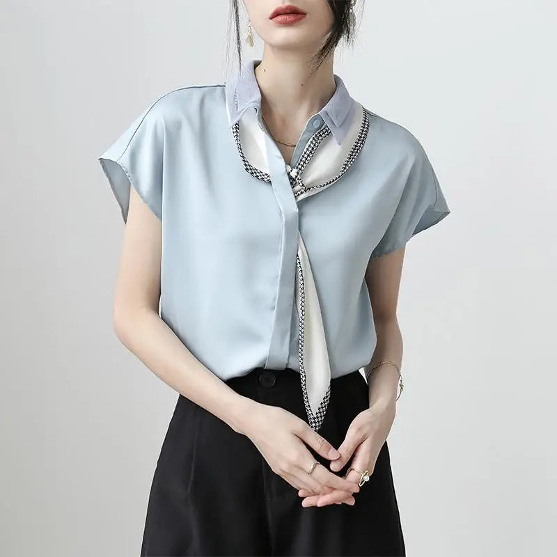 Summer  Office  Lacing Polo-Neck Short Sleeve Chiffon Shirts