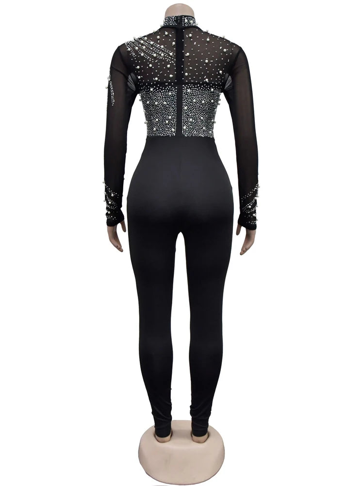 Beypern Women's Sheer Mesh Crystal Jumpsuits One Piece Outfits Glam Fitted Long Sleeve Pearls Rhinestone Rompers Club