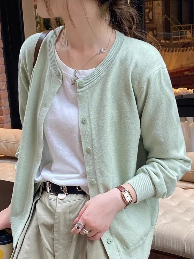 Cardigan Sweater Casual Warm Spring Summer Women O-neck Long Sleeve Single Breasted Slim Fashion