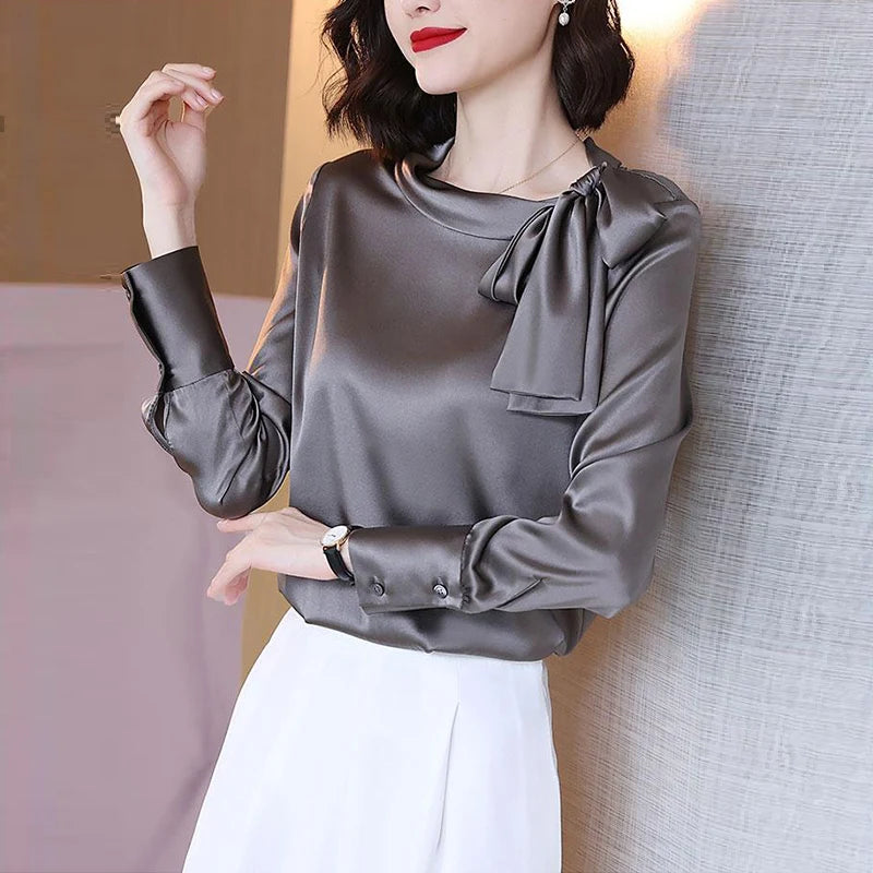 Summer Autumn Office  Satin Solid  Bow Shirt Long Sleeve