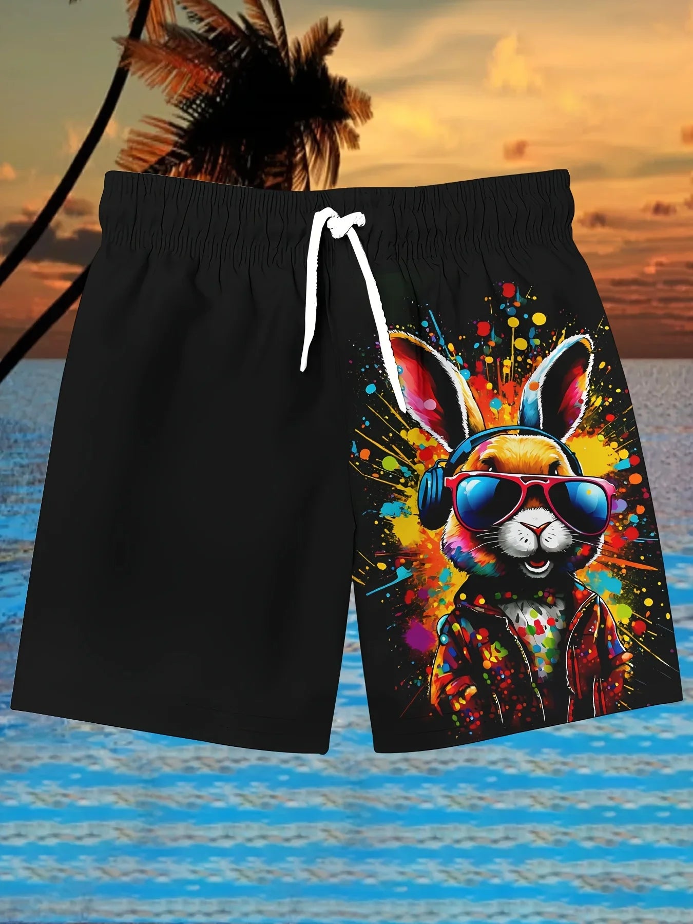 Men's Summer Casual Sports Suit 3D Cool Headphones Rabbit Print Crew Neck T-Shirt and Shorts