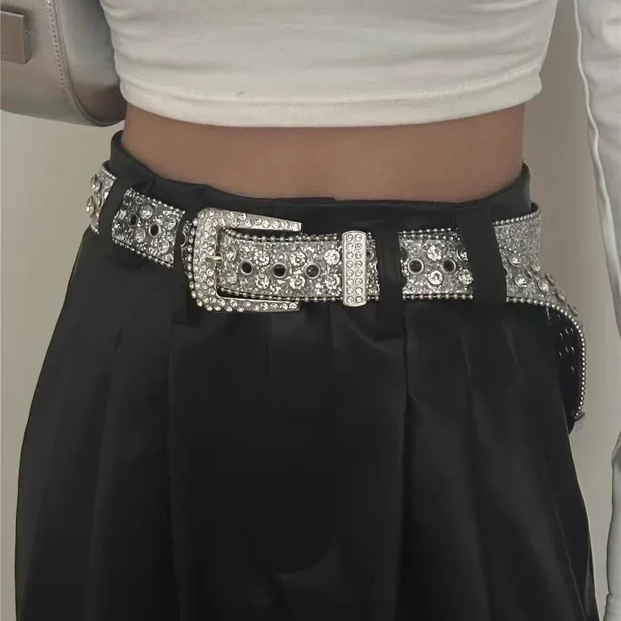 Women Fashion Solid Print Studded Full Rhinestone Belt PU Leather Bling Crystal Adjustable Glitter Waistband