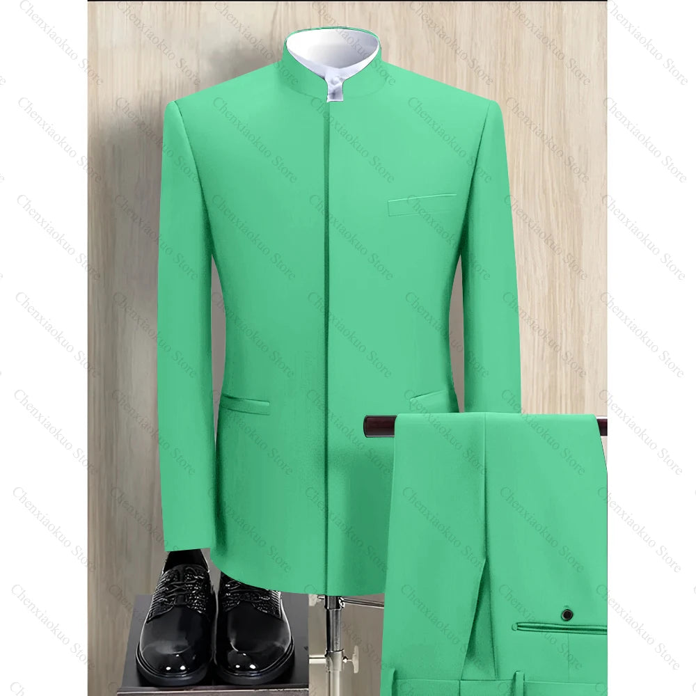 Fashion Solid Men Suits 2 Piece Stand Collar Long Sleeves Formal Outfits Chic Business Casual Wedding Tuxedo (Blazer+Pants)