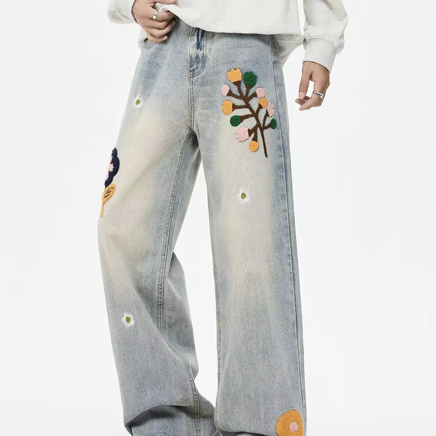 Vintage Flower Embroidered Jeans For Women High Street Baggy Straight Wide Leg Denim Pants Autumn Design Hip Hop Fashion Jean