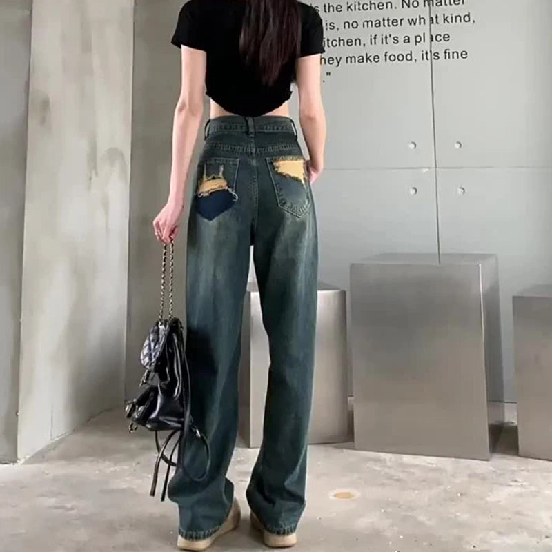 Wide Leg Jeans For Women High Waisted Contrasting Straight Leg Pant Autumn Loose Pants Streetwear
