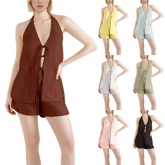 Solid Color Two Piece Sets Women Summer Sleeveless Vest Crop Tops + Shorts Suit Female Casual Vacation Beach Outfits