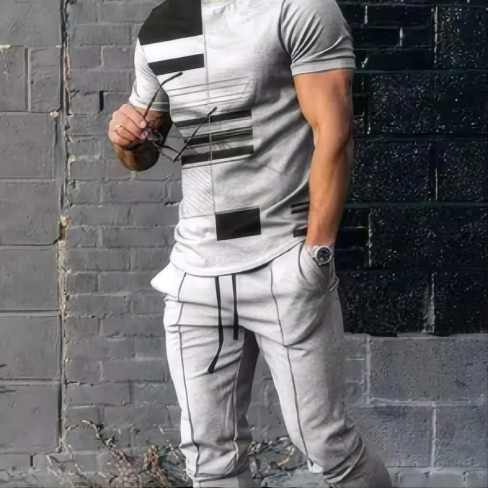 Summer men's T-shirt and pants sports suit abstract gradient 3D printed T-shirt and pants set 2-piece street wear oversized suit
