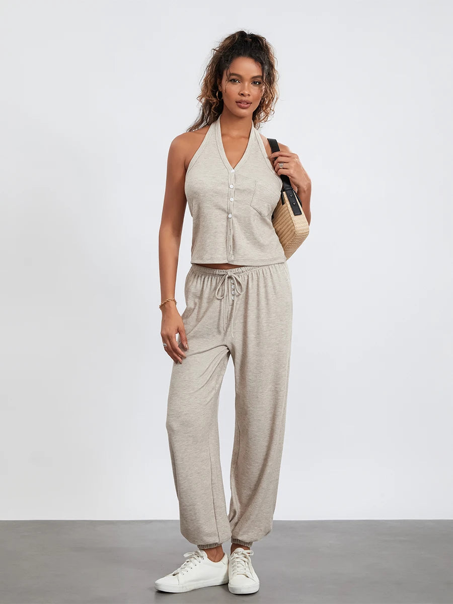 Women s 2 Piece Lounge Set Sleeveless Halter Neck Button Tops Casual Drawstring Pants Sleepwear Sets