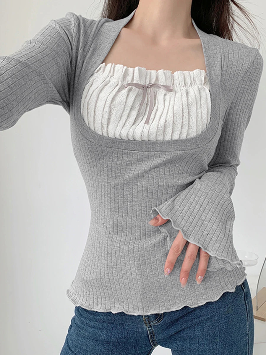 Tops for Women Fall Casual  Square Collar Contrast Color Long Sleeve Slim Lace Bow T Shirts