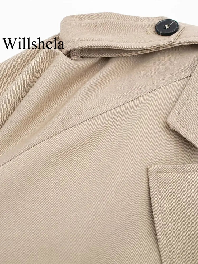Women Fashion With Belt Cropped Trench Jacket Vintage Notched Neck Long Sleeve Female Chic Lady