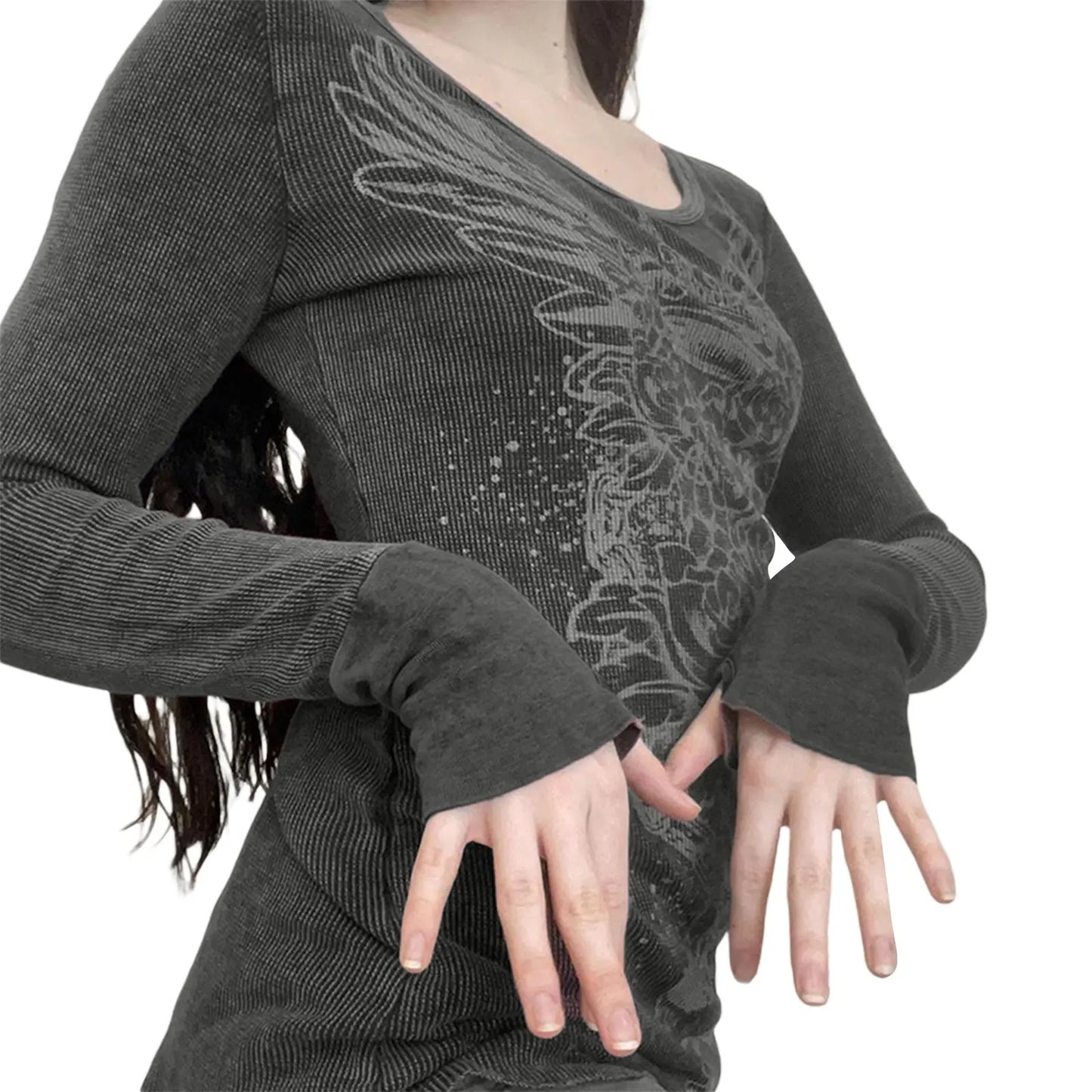 Graphic T Shirt Vintage Fairy Grunge Floral Wings Print Long Sleeve Tops  Women Clothes Basic