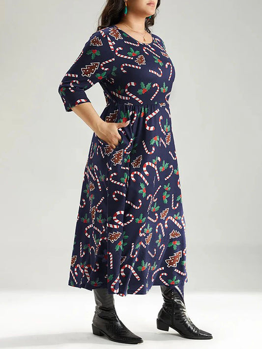 Women Plus Size Dress Candy Cane Print O-Neck  3/4 Sleeve Maxi Dress Winter Elegant Christmas Party Dress for Curvy Ladies