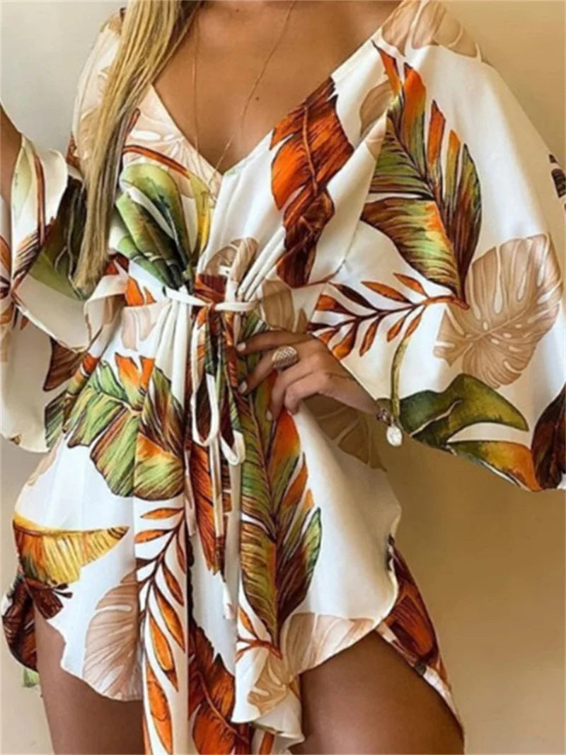 Women Print Dress Sexy V-Neck Bat Sleeve Ruffle Flowers Print Bohemian Beach Sundress Ladies Loose Summer Vacation Mini Dresses