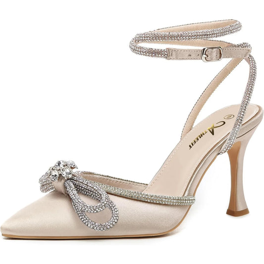 Rhinestone Bow Heels Ankle Strap Pointed Toe Stiletto Heeled Sandals