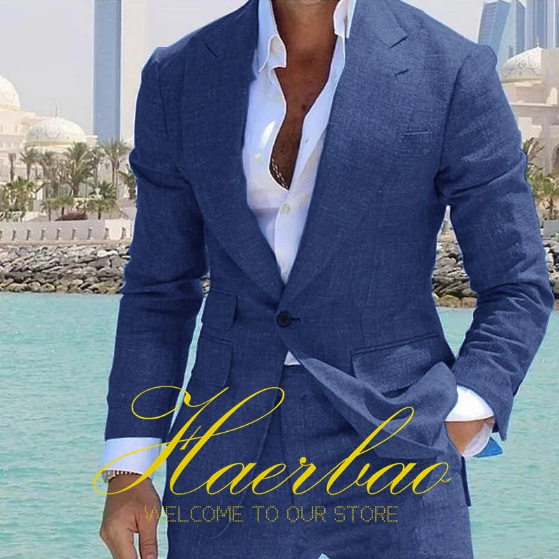 Summer Men's Linen Suit Set of 2 Wedding Groom Tuxedo Formal Lapel Jacket Pants Fashion Tailored Blazer for Men