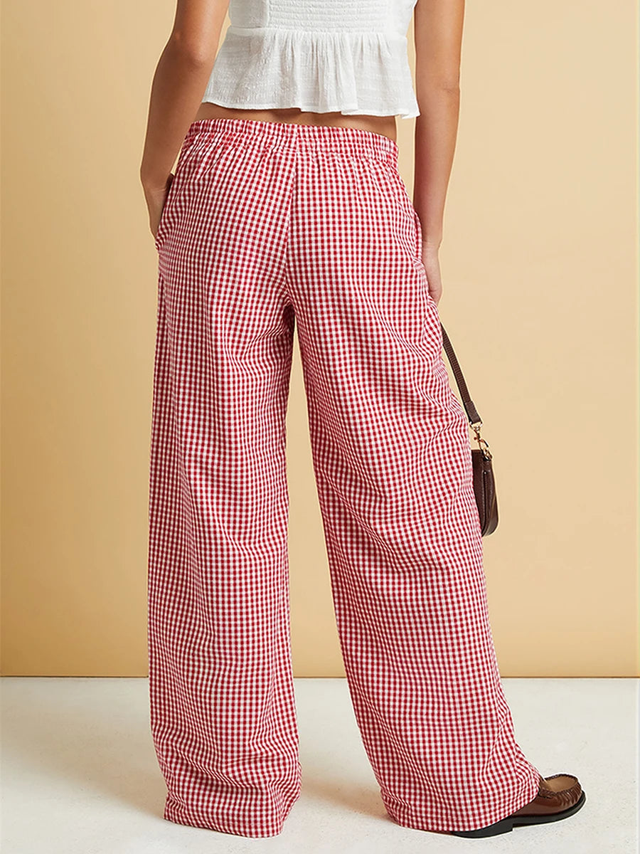 Women s Plaid Wide-Leg Pants with Button Detailing Elastic Waistband and Loose Fit for a Casual Spring Summer Look - Stylish