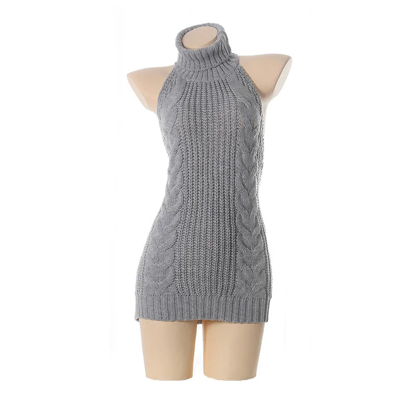 Fashion Backless Sleeveless Off Shoulder Knitted Pullover Sweaters Turtleneck Jumper