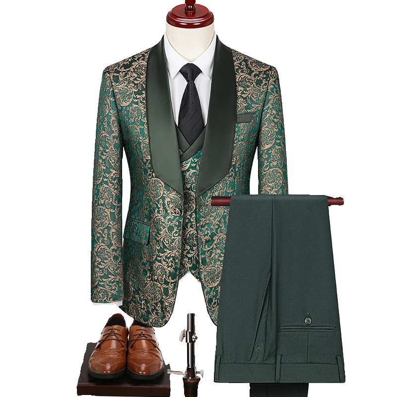 Men's British Style Business Casual Three-Piece Suit Vest Trousers High-Density Jacquard Wedding Prom