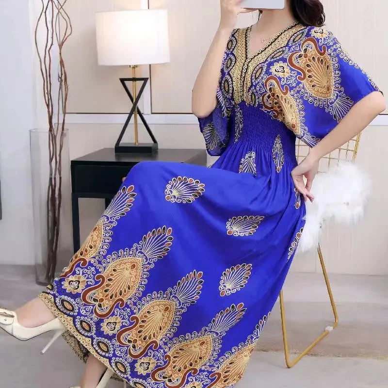 Colorful Flower V-neck Elastic Youthful Bohemian Sweet Midi Dress Woman Clothes Chic Fashion Summer Dresses