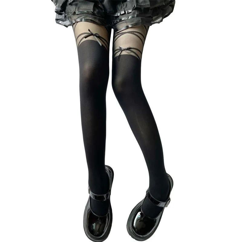 Fashion Thigh High Socks with Sheer Bow Tie Up Detail - Trendy Stockings