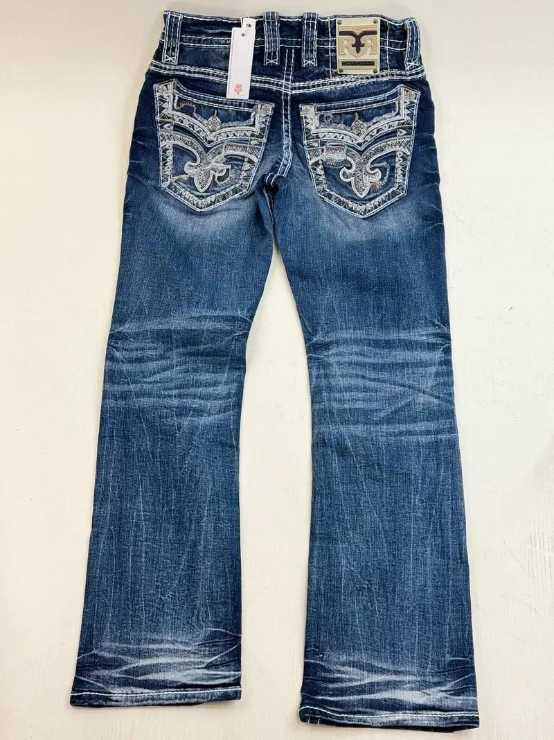 Jeans Leaf Booties American Street Retro Embroidery Loose Casual Jeans High Waist Wide Leg Washed Street Casual Pants