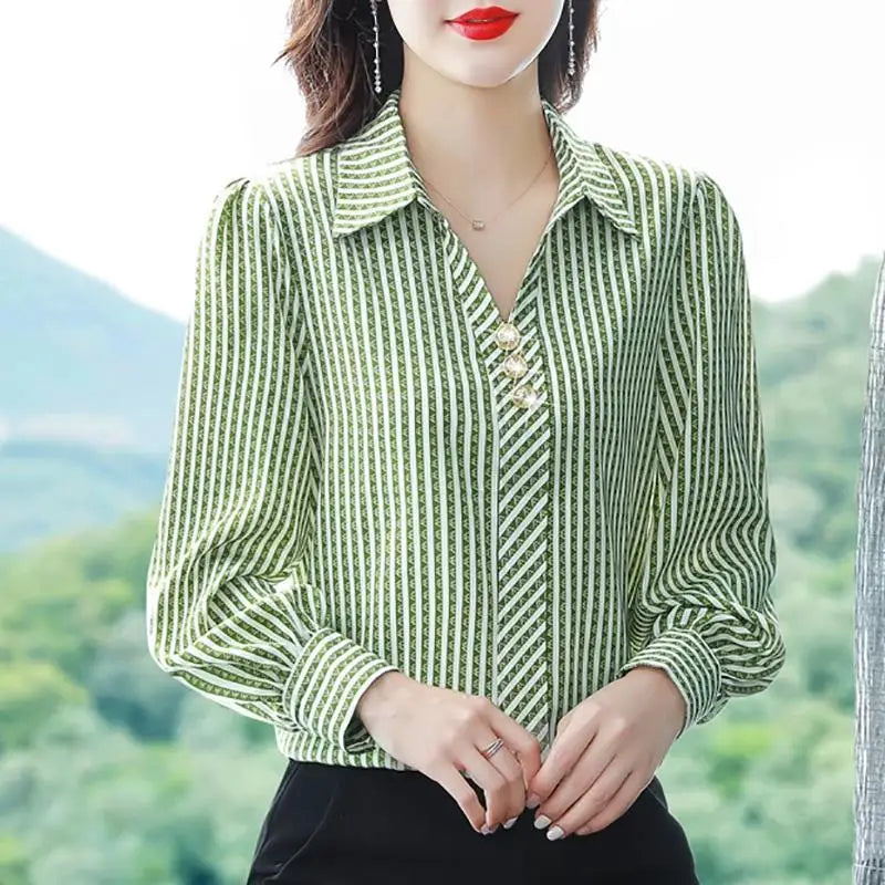 Striped Print  Office  Business Casual Shirt Spring Autumn Long Sleeve
