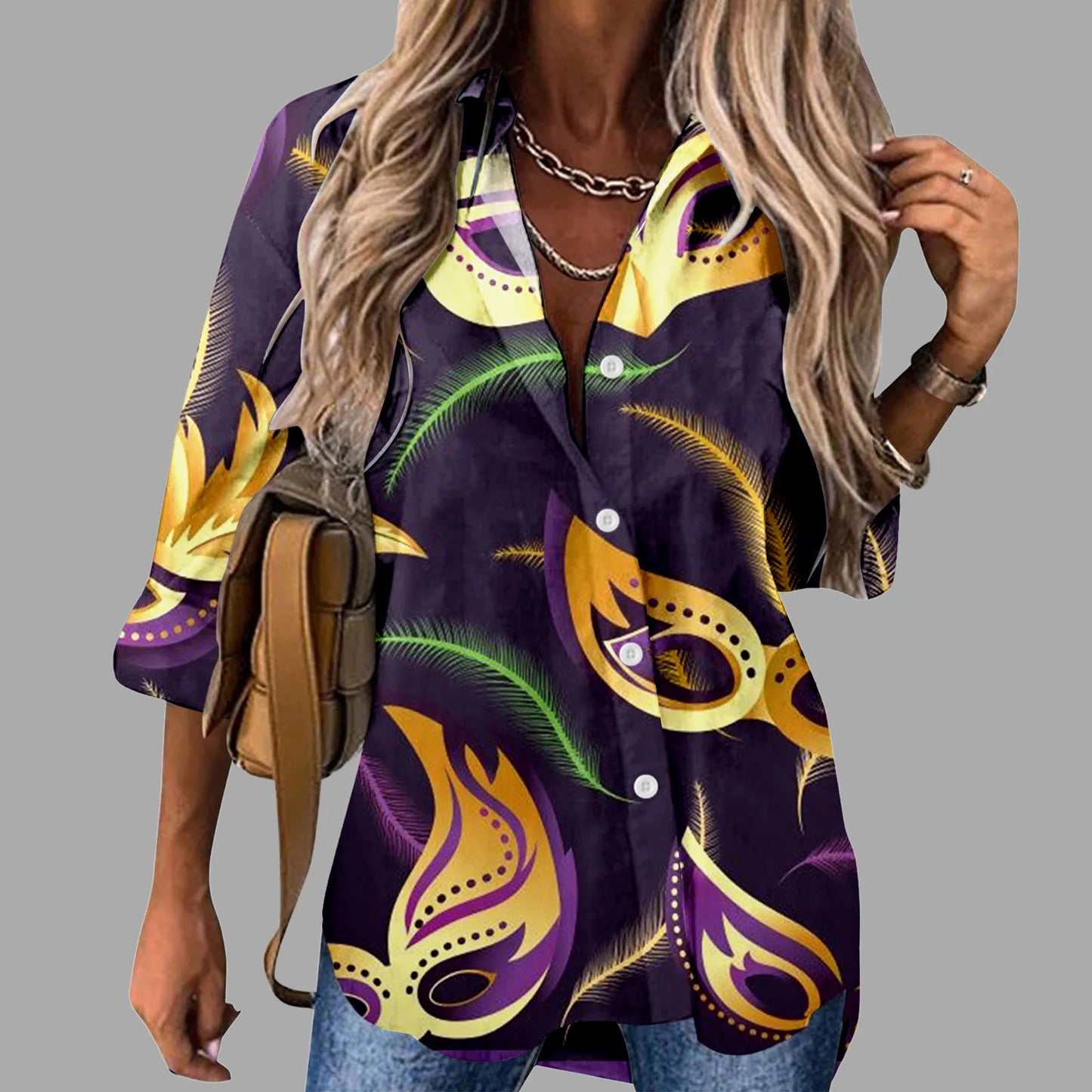 Mardi Gras Women V Neck Shirts Button Long Sleeve Carnival Print Tops Female Blouses Loose