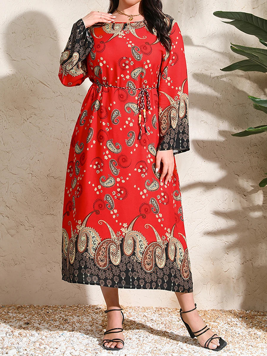 Vintage Floral Print Long Sleeve Maxi Dress O Neck