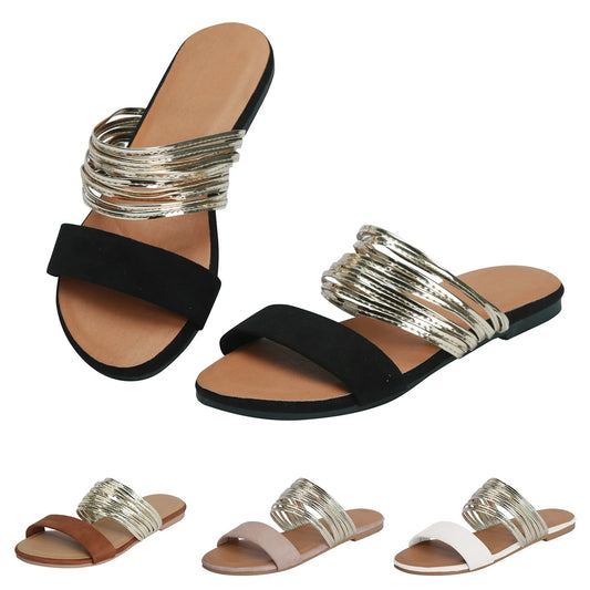 Shoes For Women Women Shoes Flat Sandals Fashionable Gold Silk Slippers Comfortable One Foot Wearing Beach Sandals For Women