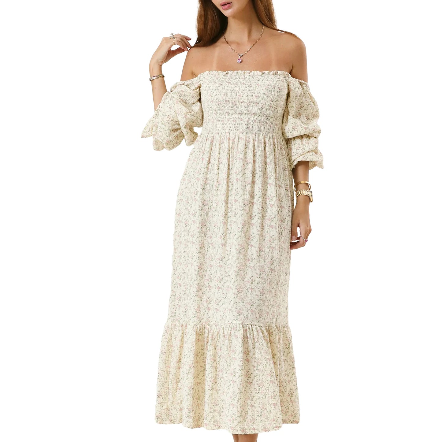 Maxi Dress with Long Sleeves and Off-Shoulder Design
