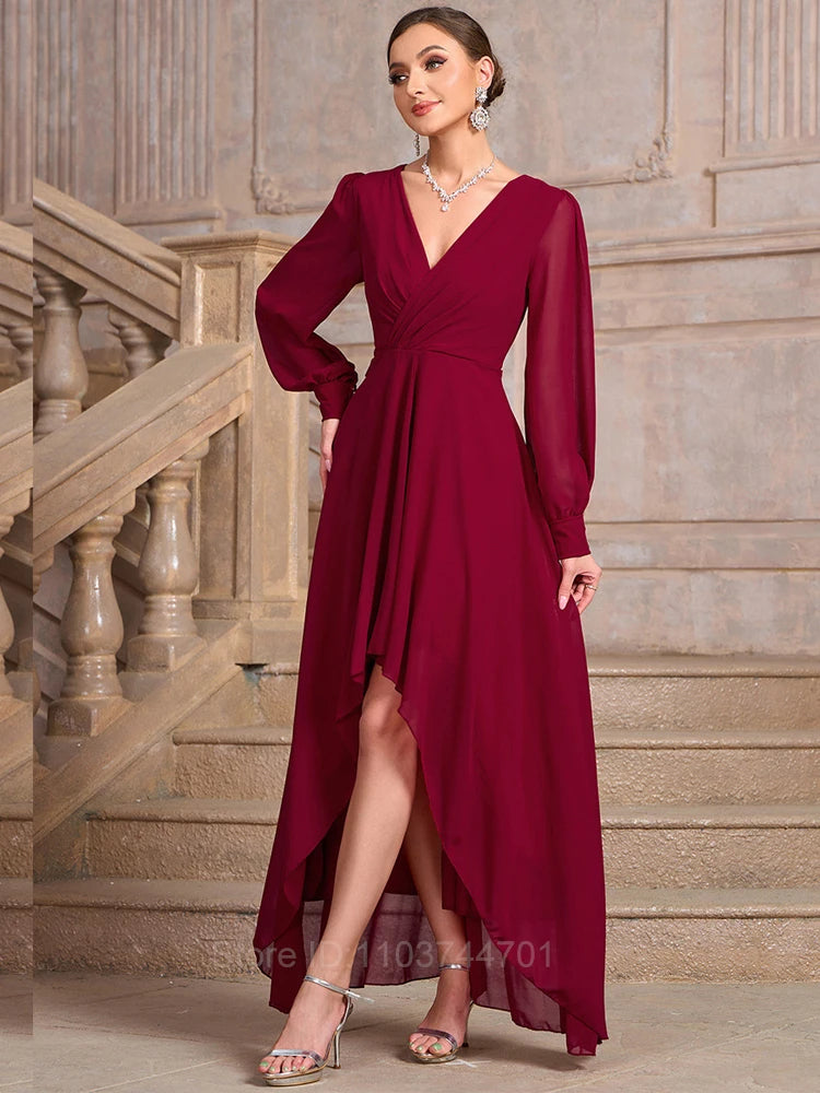 Chiffon Summer Dress A-line  Long Sleeve V-Neck Solid Maxi Dresse