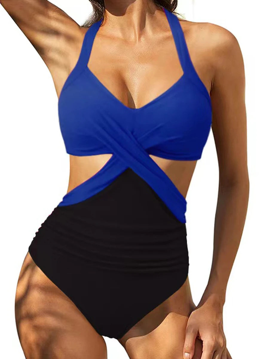 Solid Printed Swimwear Women Halter One Piece Swimsuit Female Swimming Monokini Suit Padded Beachwear