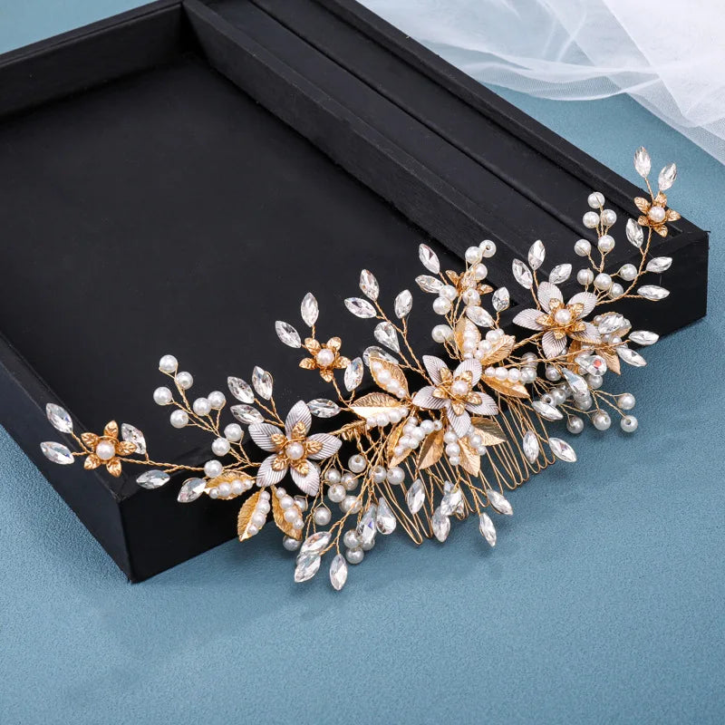 Gold Color Crystal Pearl Hair Comb Headband For Women Bride Party Bridal Wedding Hair Accessories Jewelry Comb Headband