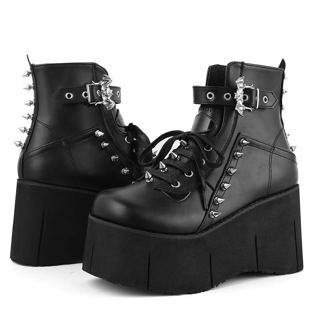 Goth Punk Stylish High Platform Ankle Boots High Wedges Heel Side Zipper Round Toe