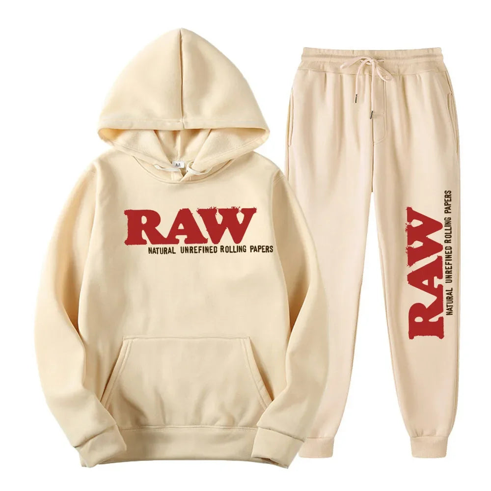 Men's Set RAW  Running Hoodie Sweatpants Men's Set 2PK Autumn Winter Casual Woolen Sportswear